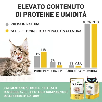 Grafico a barre: confronto tra preda in natura e Schesir Tonnetto con Pollo in Gelatina per proteine, grassi, carboidrati, umidità. Testo: elevato contenuto di proteine e umidità.
