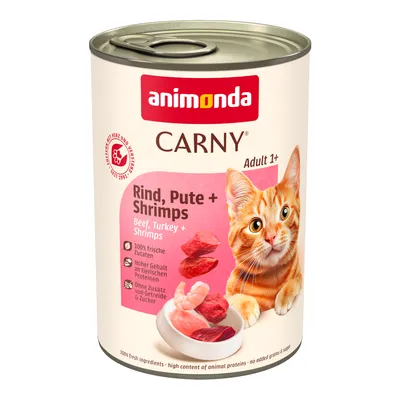 animonda Carny Adult 1+ Naudanliha, Kalkkuna + Katkaravut. 100 % tuoreita ainesosia, korkea eläinproteiinipitoisuus, ilman lisättyä viljaa ja sokeria. animonda Carny Adult 1+ Naudanliha, Kalkkuna + Katkaravut. 100 % tuoreita ainesosia, korkea eläinproteiinipitoisuus, ilman lisättyä viljaa ja sokeria.