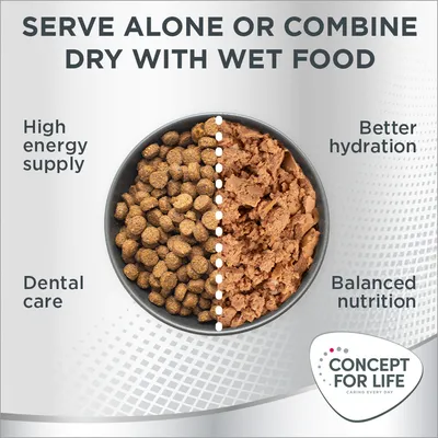 Immagine con ciotola divisa tra crocchette e cibo umido, testo: 'Serve alone or combine dry with wet food', 'High energy supply', 'Dental care', 'Better hydration', 'Balanced nutrition', Concept for Life.