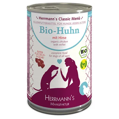 Herrmann's Classic Menü Bio-Huhn mit Hirse, complete food for dogs of all ages, extra Fleischstücke, BIO-keurmerk zichtbaar op blik.