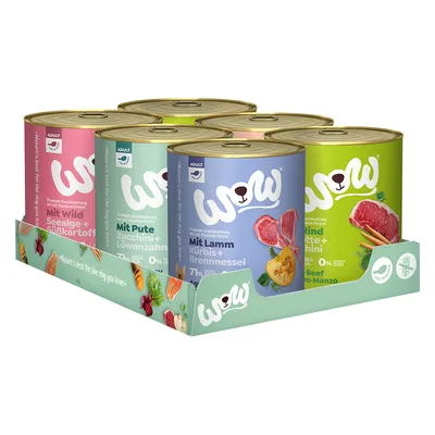 Lot de 6 boîtes WOW pour chien adulte, étiquettes visibles : Mit Wild Seelage, Mit Pute Zucchini, Mit Lamm Kürbis, Rind Zucchini. Textes en allemand sur les emballages.