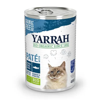Yarrah Bio-Organic Since 1992 paté met haring, zeewier en spirulina, graanvrij recept, MSC-keurmerk, BIO Organic, blik van 400 g, afbeelding van kat op het etiket. Yarrah Bio-Organic Since 1992 paté met haring, zeewier en spirulina, graanvrij recept, MSC-keurmerk, BIO Organic, blik van 400 g, afbeelding van kat op het etiket.