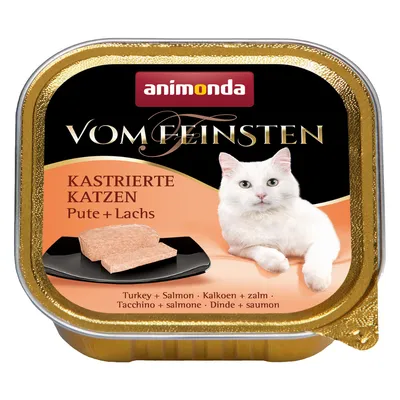 Опаковка Animonda Vom Feinsten за кастрирани котки, пуешко и сьомга. Видими текстове: KASTRIERTE KATZEN Pute + Lachs, Turkey + Salmon, Tacchino + salmone, Dinde + saumon.