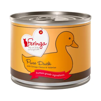 Feringa Pure Duck with Cottage Cheese & Valerian, human-grade ingredients. Text på engelska synlig på burkens etikett.