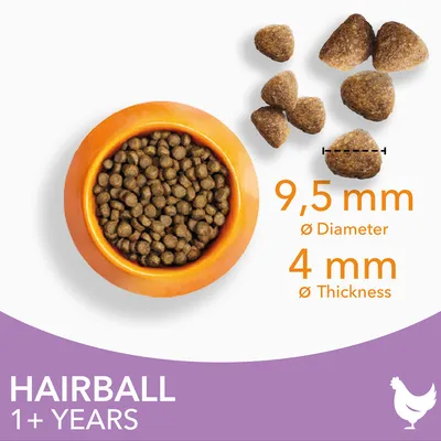 Kibble size diagram showing 9.5 mm diameter and 4 mm thickness, with text 'Hairball 1+ years' and an image of dry food in a bowl.