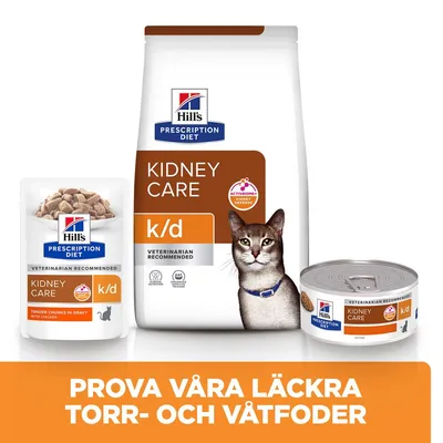 Hill's Prescription Diet Kidney Care k/d kattmat, torrfoderpåse, våtfoderburk och portionspåse. Text: Prova våra läckra torr- och våtfoder.