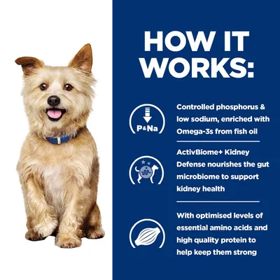 HOW IT WORKS: Controlled phosphorus & low sodium, enriched with Omega-3s from fish oil. ActivBiome+ Kidney Defense nourishes the gut microbiome to support kidney health. With optimised levels of essential amino acids and high quality protein to help keep them strong. Az összes szöveg angolul van.