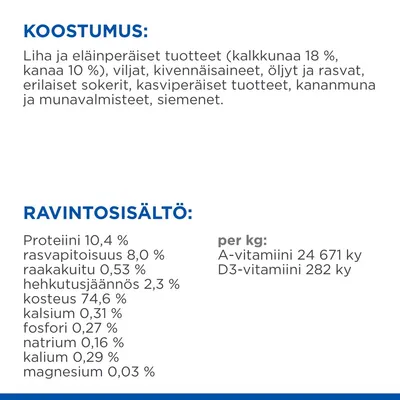 Koostumus: liha ja eläinperäiset tuotteet (kalkkunaa 18 %, kanaa 10 %), viljat, kivennäisaineet, öljyt, sokerit, kasvipohjaiset tuotteet, kananmuna, siemenet. Ravintosisältö: proteiini 10,4 %, rasva 8 %, kuitu 0,53 %, kosteus 74,6 %, A-vitamiini 24 671 ky/kg, D3-vitamiini 282 ky/kg.