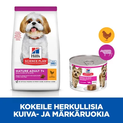 Hill's Science Plan Mature Adult 7+ Small & Mini -kuivaruoka kanalla ja märkäruoka naudalla pienille koirille. Teksti: Kokeile herkullisia kuiva- ja märkäruokia.