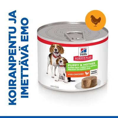 Hill's Science Plan Puppy & Mother koiran märkäruoka kanalla, purkki. Teksti: 'Koiranpentu ja imettävä emo', 'Puppy & Mother with Chicken Tender Mousse'.