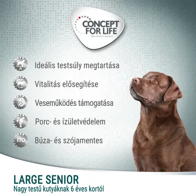 CONCEPT FOR LIFE Large Senior. Ideális testsúly megtartása, vitalitás elősegítése, veseműködés támogatása, porc- és ízületvédelem, búza- és szójamentes. Nagy testű kutyáknak 6 éves kortól.