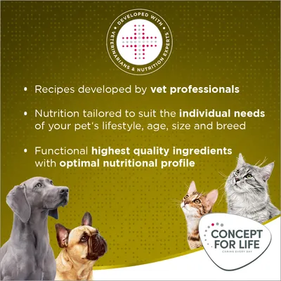Recipes developed by vet professionals, nutrition tailored to individual pet needs, highest quality ingredients with optimal nutritional profile. Concept for Life brand.