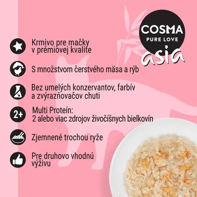 COSMA PURE LOVE asia. Krmivo pre mačky v prémiovej kvalite, čerstvé mäso a ryby, bez konzervantov, viac zdrojov bielkovín, trochu ryže, vhodné pre druhovo vhodnú výživu.