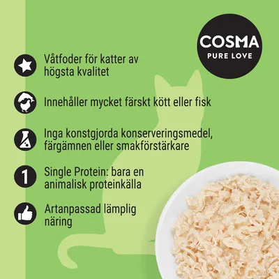 COSMA PURE LOVE. Våtfoder för katter av högsta kvalitet, mycket färskt kött eller fisk, inga konstgjorda tillsatser, single protein, artanpassad näring.