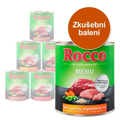 Rocco MENU zkušební balení, konzervy 800 g s textem Beef, poultry, vegetables & rice. Viditelné složky: maso, zelenina, rýže. Nápis Enriched with carbohydrates.