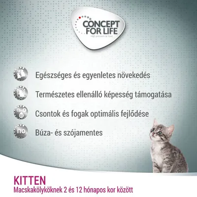 CONCEPT FOR LIFE. Egészséges és egyenletes növekedés, természetes ellenálló képesség támogatása, csontok és fogak optimális fejlődése, búza- és szójamentes. KITTEN 2–12 hónapos macskakölyköknek.