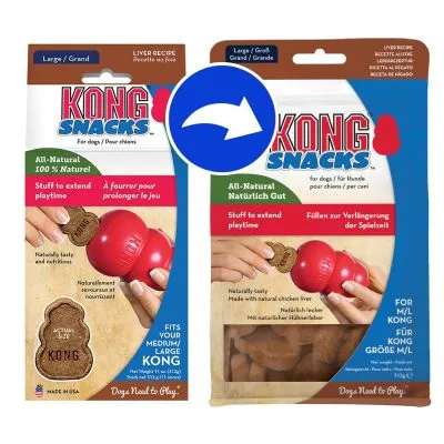 KONG Snacks leverrecept, för hundar. För M/L KONG. Text: All-Natural 100 % Naturel, Stuff to extend playtime, Naturally tasty and nutritious. Bild på hand som stoppar snacks i röd leksak.