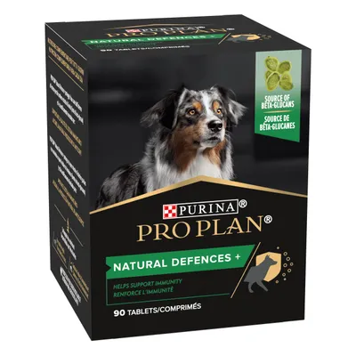 Συσκευασία Purina Pro Plan Natural Defences+ για σκύλους, 90 δισκία. Εμφανίζεται το κείμενο: source of beta-glucans, helps support immunity, renforce l’immunité.