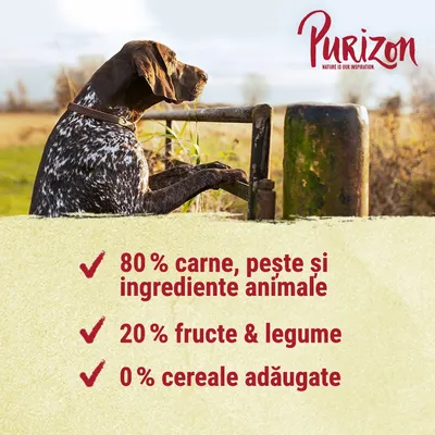 Purizon. 80 % carne, pește și ingrediente animale; 20 % fructe & legume; 0 % cereale adăugate. Text în limba română.