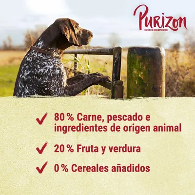 Purizon. 80 % carne, pescado e ingredientes de origen animal; 20 % fruta y verdura; 0 % cereales añadidos.