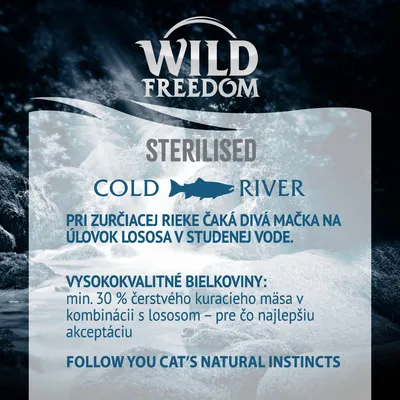 Wild Freedom Sterilised Cold River. Pri zurčiacej rieke čaká divá mačka na úlovok lososa v studenej vode. Vysokokvalitné bielkoviny: min. 30 % čerstvého kuracieho mäsa s lososom.