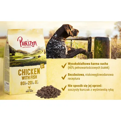 Purizon Chicken with Fish dla dorosłych psów. Wysokobiałkowa karma sucha (40% pełnowartościowych białek), bezzbożowa receptura, soczysty kurczak z rybą. Opakowanie i granulat widoczne.