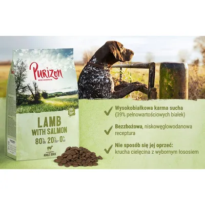 Purizon LAMB WITH SALMON, 80% mięsa, 20% warzyw, 0% zbóż. Wysokobiałkowa karma sucha: 39% pełnowartościowych białek. Bezzbożowa receptura. Krucha cielęcina z łososiem. Adult Dogs.