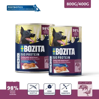 BOZITA Duo Protein Kalkoen met Wildzwijn, 98% dierlijke ingrediënten en bouillon, graanvrij, zonder toegevoegde suikers, zonder kleurstoffen, paté met stukjes, postbiotica voor een gezonde spijsvertering.