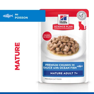 Hill's Science Plan Bouchées Premium en Sauce au poisson de l'océan, Mature Adulte 7+, morceaux en sauce, aliment premium pour chat, au poisson Hill's Science Plan Bouchées Premium en Sauce au poisson de l'océan, Mature Adulte 7+, morceaux en sauce, aliment premium pour chat, au poisson