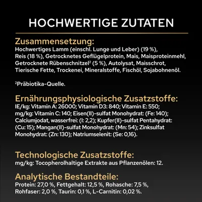 Zusammensetzung: Lamm, Reis, Geflügelprotein, Mais, Rübenschnitzel, Fischöl, Sojabohnenöl. Ernährungsphysiologische und technologische Zusatzstoffe sowie Analysewerte sind angegeben. Zusammensetzung: Lamm, Reis, Geflügelprotein, Mais, Rübenschnitzel, Fischöl, Sojabohnenöl. Ernährungsphysiologische und technologische Zusatzstoffe sowie Analysewerte sind angegeben.