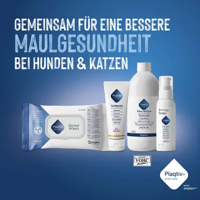 Plaqtiv+ oral care Produkte für bessere Maulgesundheit bei Hunden und Katzen: Dental Wipes, Zahnpasta, Wasserzusatz, Mundspray. VOHC akzeptiert. Plaqtiv+ oral care Produkte für bessere Maulgesundheit bei Hunden und Katzen: Dental Wipes, Zahnpasta, Wasserzusatz, Mundspray. VOHC akzeptiert.