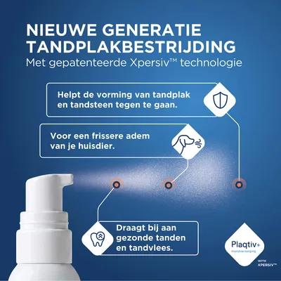 Plaqtiv+ met Xpersiv-technologie: helpt tegen tandplak en tandsteen, zorgt voor een frisse adem van het huisdier, draagt bij aan gezonde tanden en tandvlees.