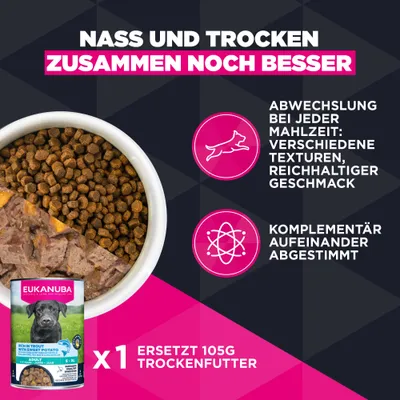 Nass und Trocken zusammen noch besser. Abwechslung bei jeder Mahlzeit: verschiedene Texturen, reichhaltiger Geschmack. Komplementär aufeinander abgestimmt. 1 Dose ersetzt 105g Trockenfutter.