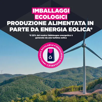 Imballaggi ecologici, produzione parzialmente con energia eolica. Il 25% del fabbisogno energetico è coperto dall'energia del vento. Imballaggio riciclabile. Imballaggi ecologici, produzione parzialmente con energia eolica. Il 25% del fabbisogno energetico è coperto dall'energia del vento. Imballaggio riciclabile.