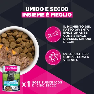 Eukanuba Adult lattina e crocchette. 1 lattina sostituisce 100, g di crocchette. Diverse consistenze, ricchi aromi, sviluppati per completarsi a vicenda.