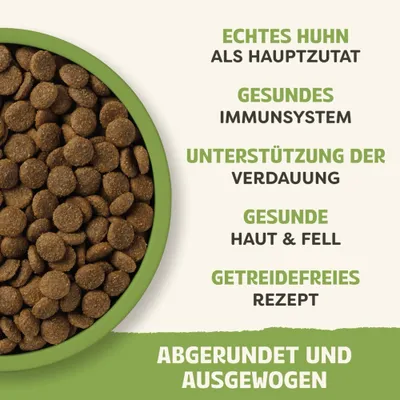 Echtes Huhn als Hauptzutat, gesundes Immunsystem, Unterstützung der Verdauung, gesunde Haut & Fell, getreidefreies Rezept, abgerundet und ausgewogen. Echtes Huhn als Hauptzutat, gesundes Immunsystem, Unterstützung der Verdauung, gesunde Haut & Fell, getreidefreies Rezept, abgerundet und ausgewogen.