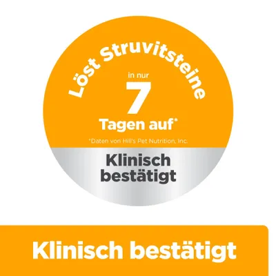 Löst Struvitsteine in nur 7 Tagen auf. Daten von Hill’s Pet Nutrition, Inc. Klinisch bestätigt. Löst Struvitsteine in nur 7 Tagen auf. Daten von Hill’s Pet Nutrition, Inc. Klinisch bestätigt.