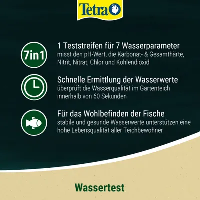 Tetra 7v1 testovací proužky pro 7 parametrů vody, měří pH, uhličitanovou a celkovou tvrdost, dusitany, dusičnany, chlor, oxid uhličitý. Rychlé zjištění hodnot vody za 60 sekund.