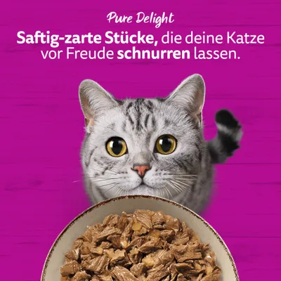 Pure Delight. Saftig-zarte Stücke, die deine Katze vor Freude schnurren lassen. Pure Delight. Saftig-zarte Stücke, die deine Katze vor Freude schnurren lassen.