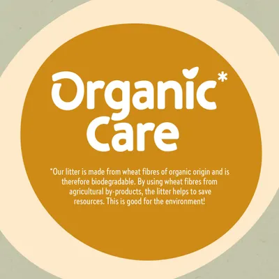 Organic Care. Litter made from wheat fibres of organic origin, biodegradable, conserves resources and is environmentally friendly.