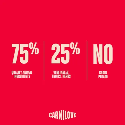 75 % d'ingrédients animaux de haute qualité, 25 % de légumes, fruits, herbes, sans céréales, sans pommes de terre. Carnilove. 75 % d'ingrédients animaux de haute qualité, 25 % de légumes, fruits, herbes, sans céréales, sans pommes de terre. Carnilove.