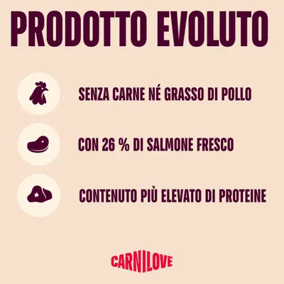 Carnilove: senza carne o grasso di pollo, con il 26% di salmone fresco, contenuto proteico più elevato. Carnilove: senza carne o grasso di pollo, con il 26% di salmone fresco, contenuto proteico più elevato.