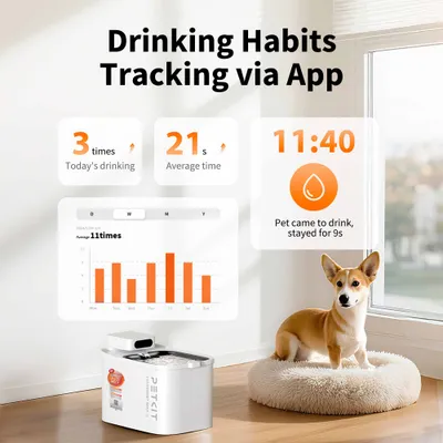 Trinkgewohnheiten-Tracking per App: 3-maliges Trinken heute, durchschnittlich 21 Sekunden, Diagramm mit Wochentagen, Uhrzeit 11:40, Haustier trank 9 Sekunden. Trinkgewohnheiten-Tracking per App: 3-maliges Trinken heute, durchschnittlich 21 Sekunden, Diagramm mit Wochentagen, Uhrzeit 11:40, Haustier trank 9 Sekunden.