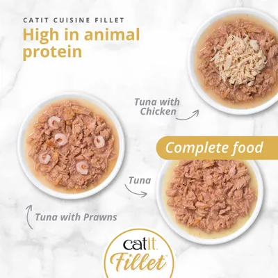 Catit Cuisine Fillet. High in animal protein. Varieties: Tuna with Chicken, Tuna with Prawns, Tuna. Complete food. Catit Cuisine Fillet. High in animal protein. Varieties: Tuna with Chicken, Tuna with Prawns, Tuna. Complete food.