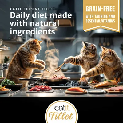 Catit Cuisine Fillet. Codzienna dieta przygotowana z naturalnych składników. Bez zbóż, z tauryną i niezbędnymi witaminami. Trzy koty przygotowują pokarm. Catit Cuisine Fillet. Codzienna dieta przygotowana z naturalnych składników. Bez zbóż, z tauryną i niezbędnymi witaminami. Trzy koty przygotowują pokarm.