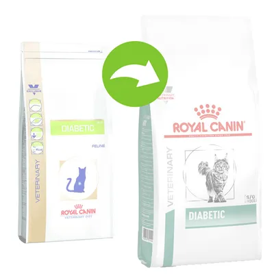 Royal Canin Diabetic -kissanruokapakkausten ulkoasun muutos: vanha ja uusi pakkaus vierekkäin, molemmissa teksti DIABETIC ja kissakuva