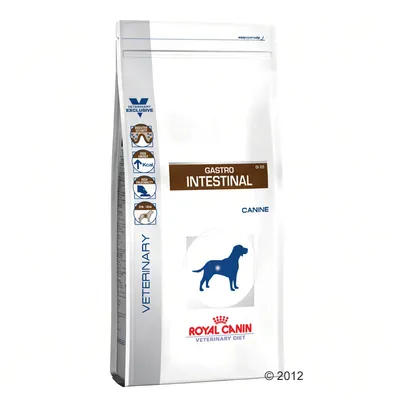 Royal Canin Veterinary Diet Gastro Intestinal Canine tørfoder, tekst: Digestive Security, High Energy, High Palatability, EPA/DHA. Billede af hund og Royal Canin-navn synligt.