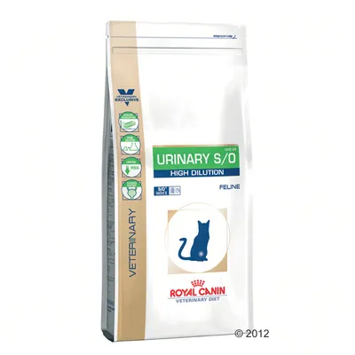 Royal Canin Veterinary Diet Urinary S/O High Dilution Feline -kuivaruokapakkaus, näkyvissä tekstit: SO Index, VETERINARY EXCLUSIVE, sekä kissan siluetti etupuolella.