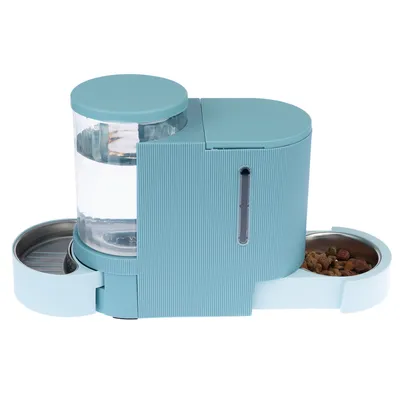 Futter- und Wasserspender aus blauem Kunststoff mit zwei Edelstahlschalen, transparentem Wasserbehälter und sichtbarem Füllstandsanzeiger.