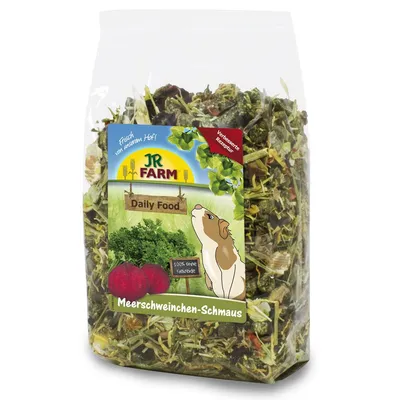 Sachet de JR Farm Daily Food Meerschweinchen-Schmaus, mélange d’herbes et légumes visibles, texte : 100% ohne Getreide, recette améliorée, illustration cochon d’Inde sur l’emballage.